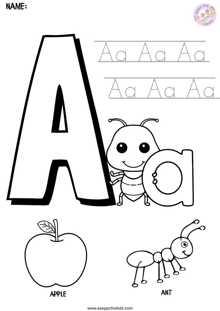 Alphabet Letter A Apple and Ant Coloring Page for Preschool Kids