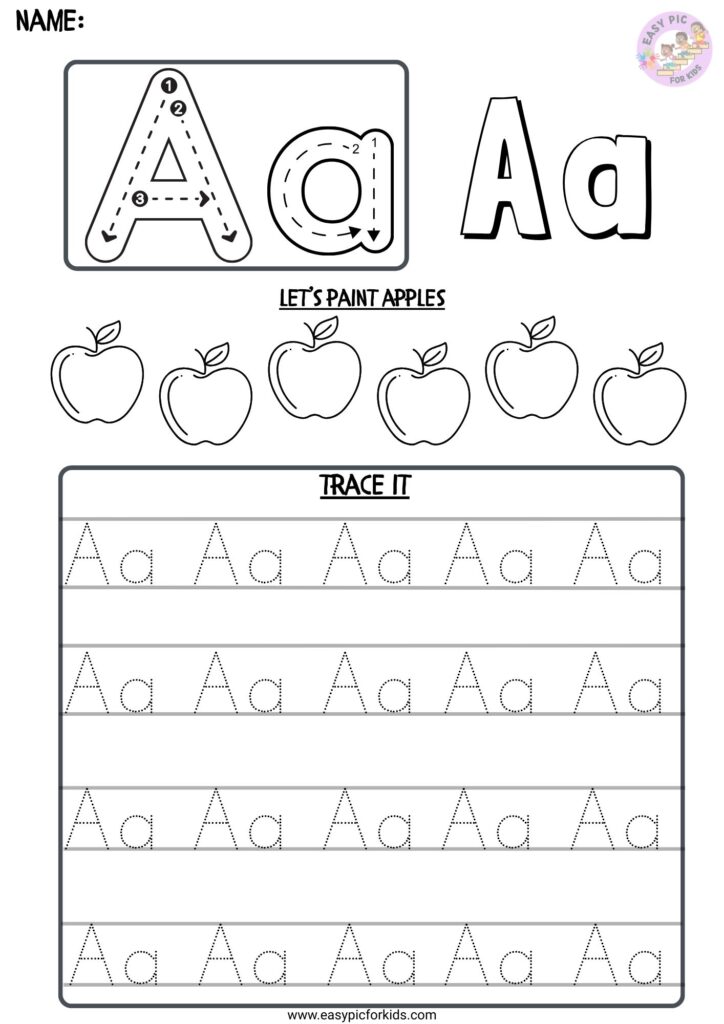 Alphabet Letter A Tracing and Apple Coloring Activity Worksheet for Preschool Kids