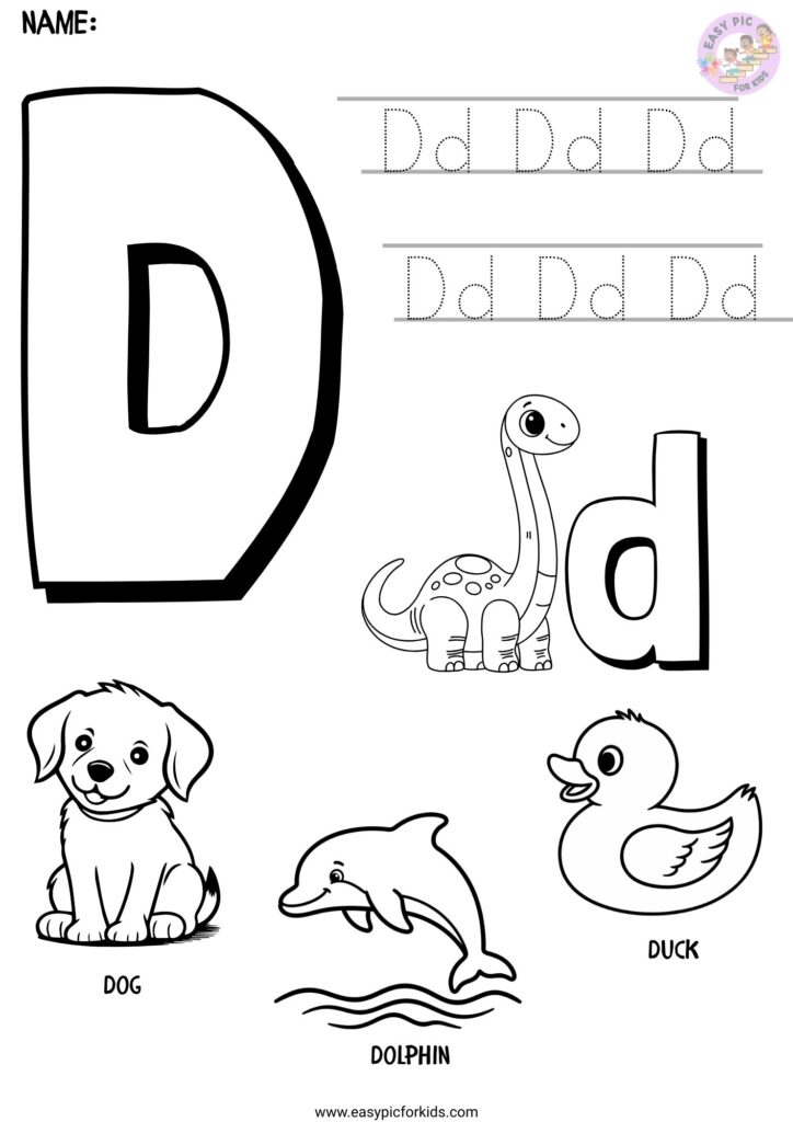 Alphabet Letter D Tracing and Coloring Page with Dog Dolphin and Duck for Kids