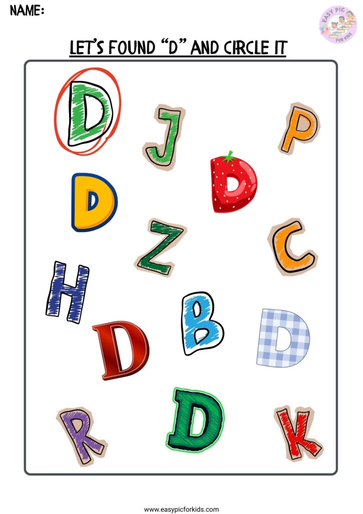Alphabet Letter D Visual Recognition Find and Circle Activity for Preschoolers