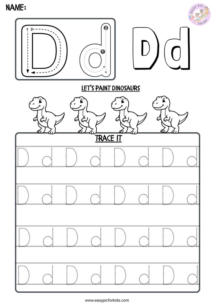 Alphabet Letter D Tracing and Dinosaur Coloring Page for Preschool Kids