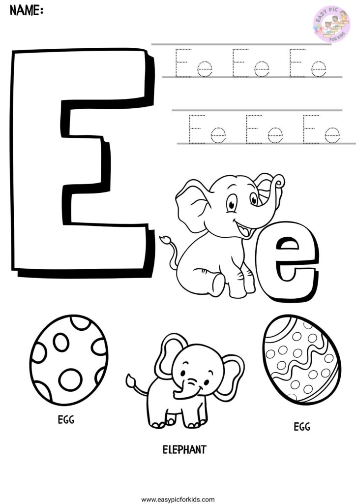 Alphabet Letter E Tracing and Coloring Page with Elephant and Egg for Kids