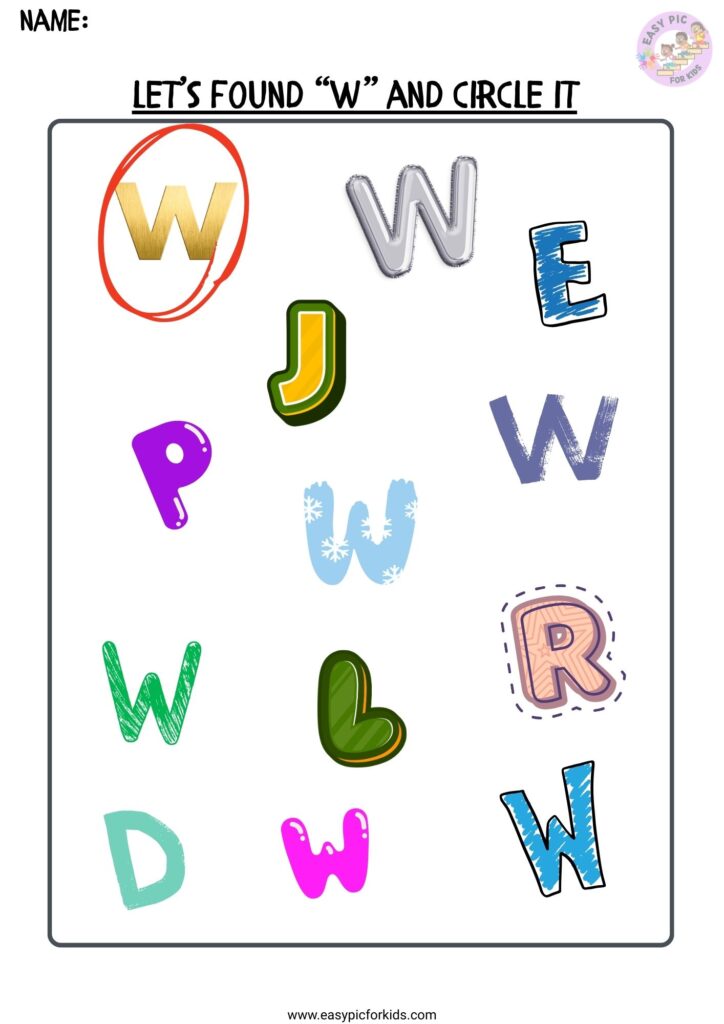 Alphabet Letter W Visual Recognition Find and Circle Activity for Preschoolers
