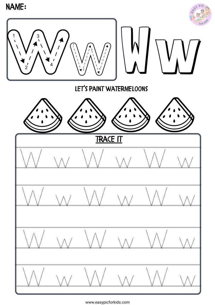 Alphabet Letter W Tracing and Watermelon Coloring Worksheet for Preschool Kids
