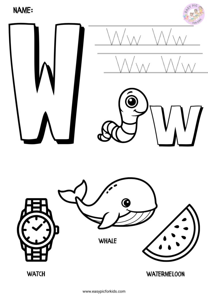 Alphabet Letter W Tracing and Coloring Page with Watch Whale and Watermelon for Kids