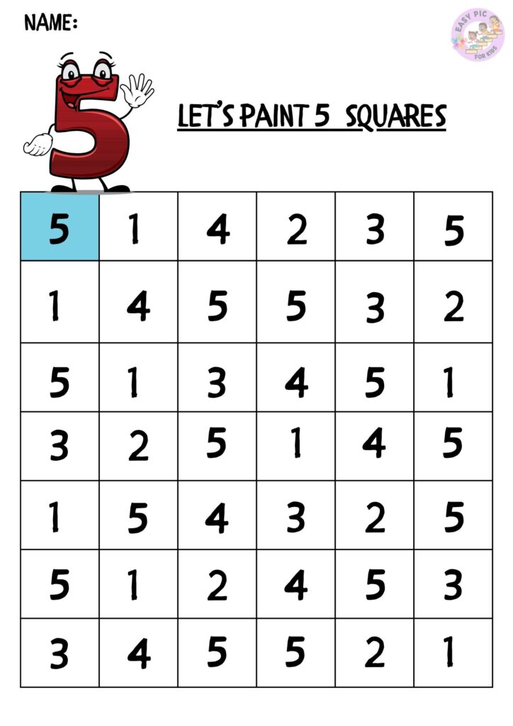 Dinosaur themed number 5 recognition worksheet for preschool kids find and circle activity