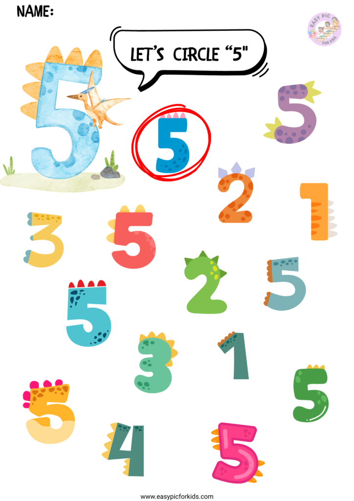 Dinosaur Themed Number 5 Visual Recognition Find and Circle Activity for Preschoolers