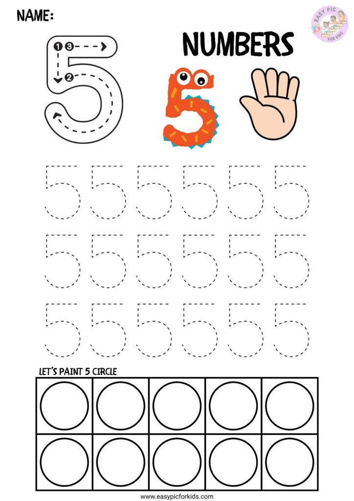 Number 5 tracing and line practice worksheet for kindergarten
