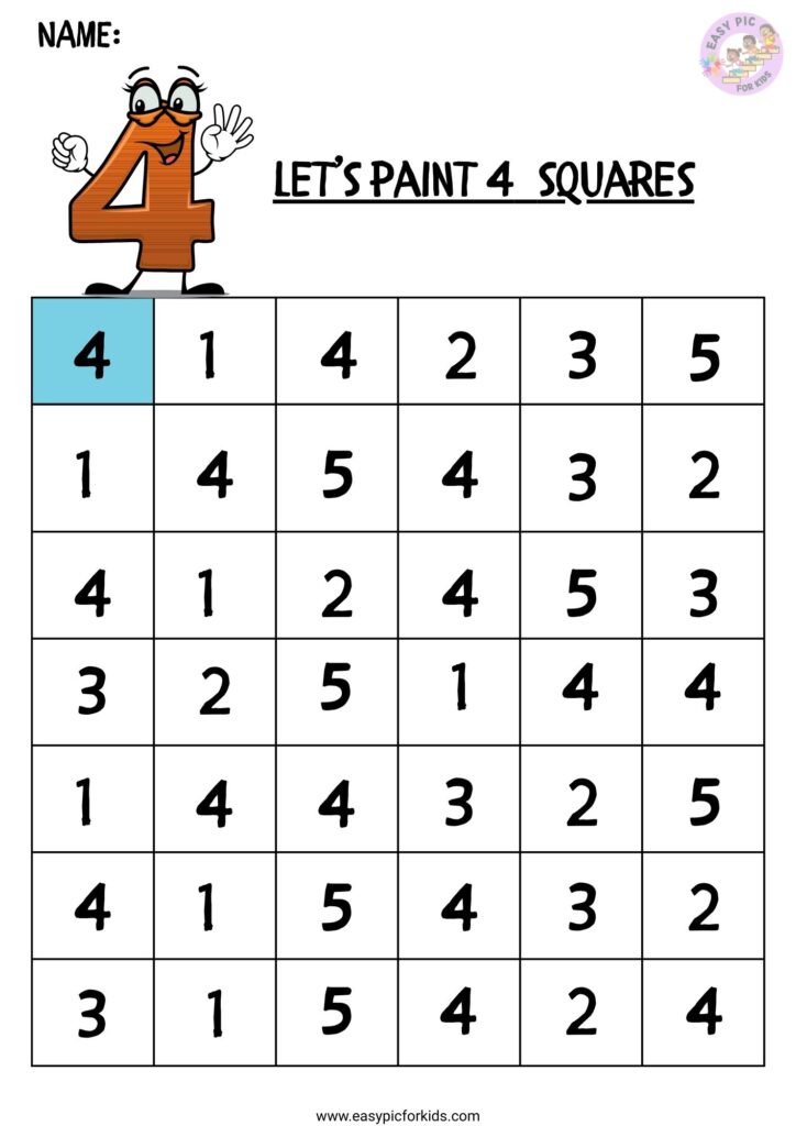 Dinosaur themed number 4 recognition worksheet for preschool kids find and circle activity