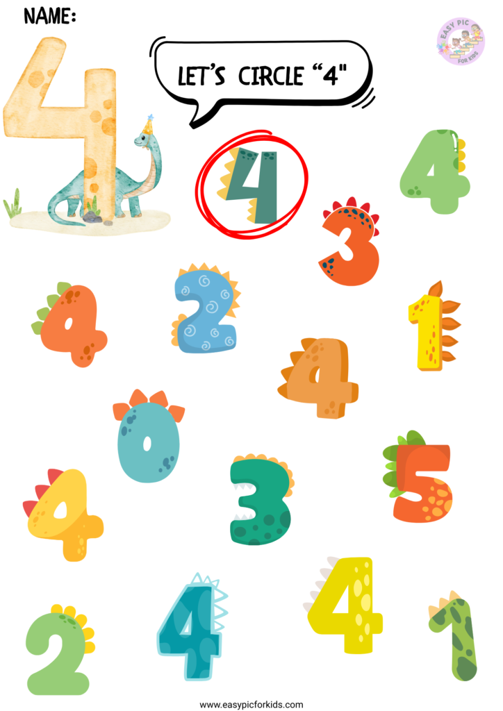 Dinosaur themed number 4 recognition worksheet for preschool kids find and circle activity