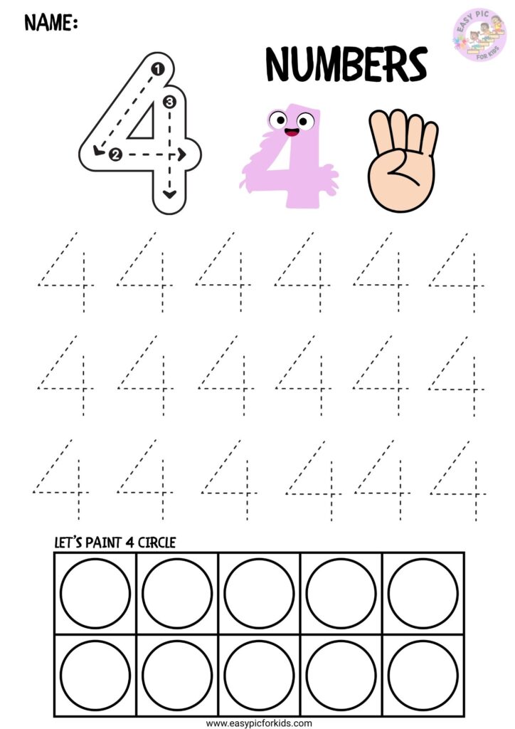 Number 4 tracing worksheet for preschool pencil control activity