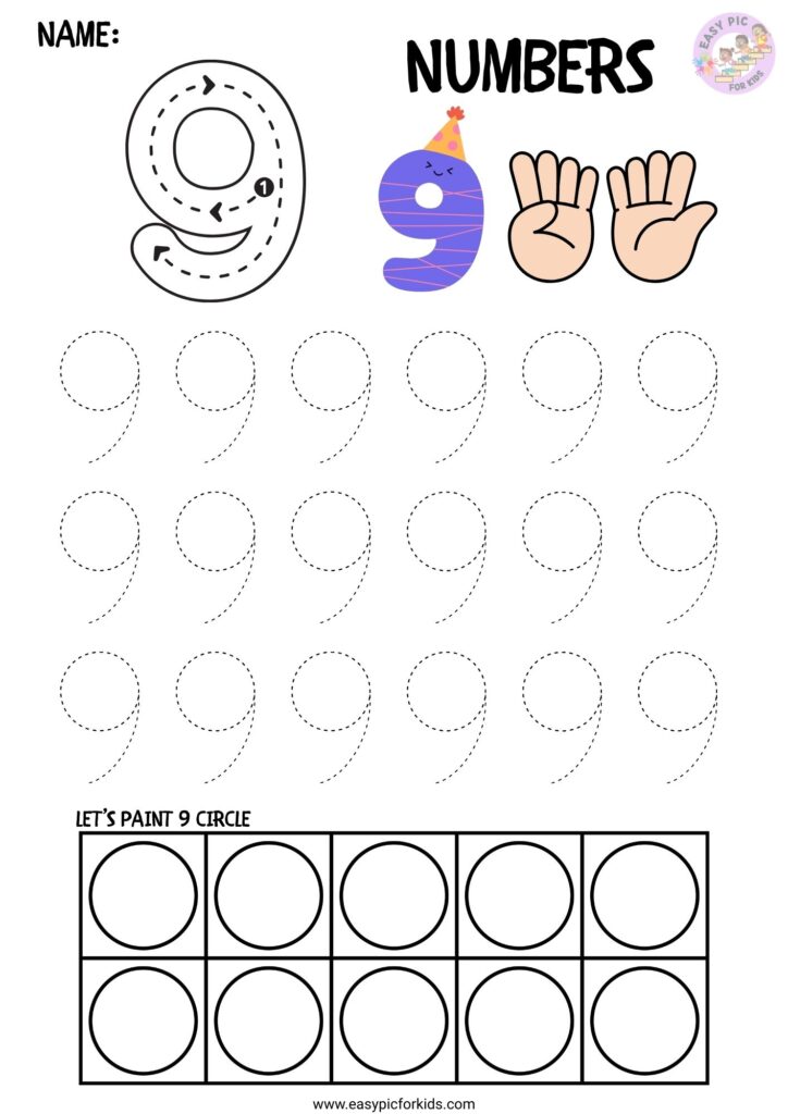 Number 9 tracing and line practice activity for early learners