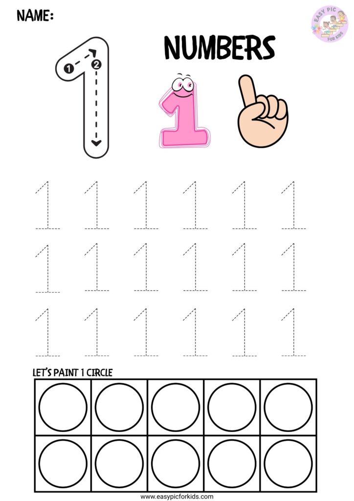 Number 1 tracing worksheet for kindergarten students math line activity