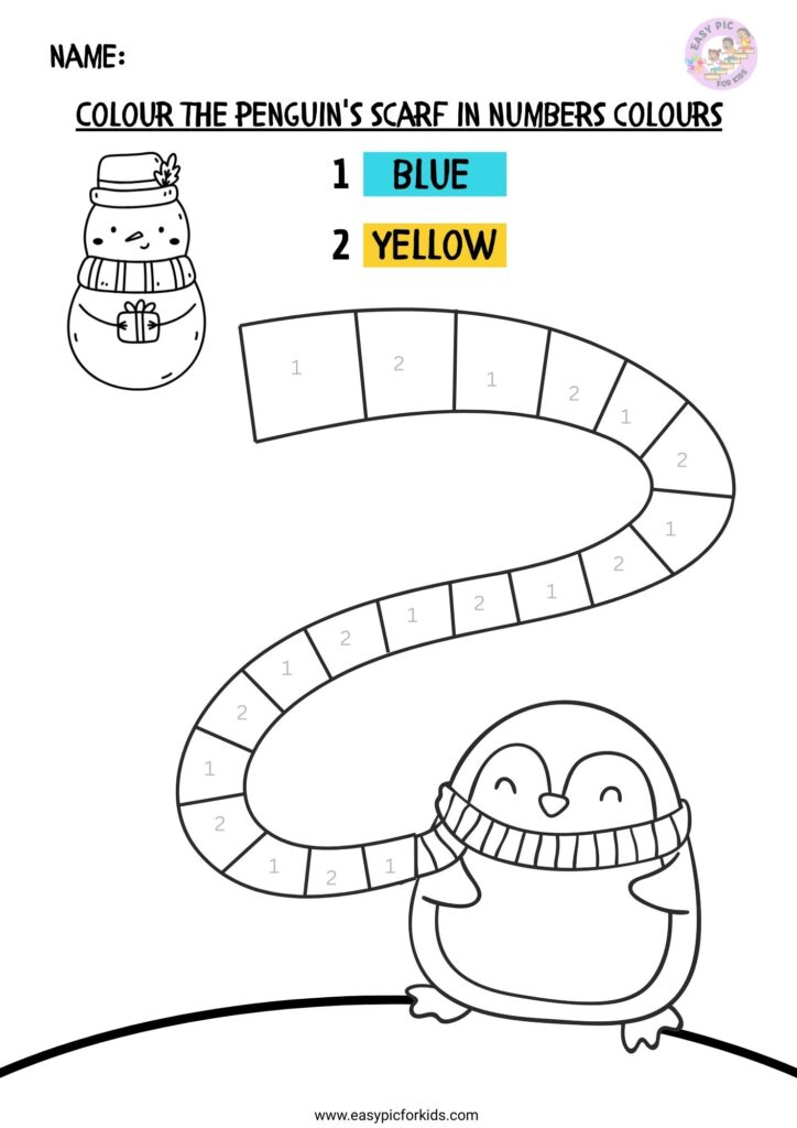 Penguin color by number scarf activity worksheet for preschool kids