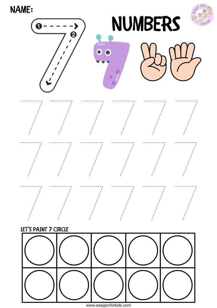 Number 7 line tracing worksheet for kids preschool math activity