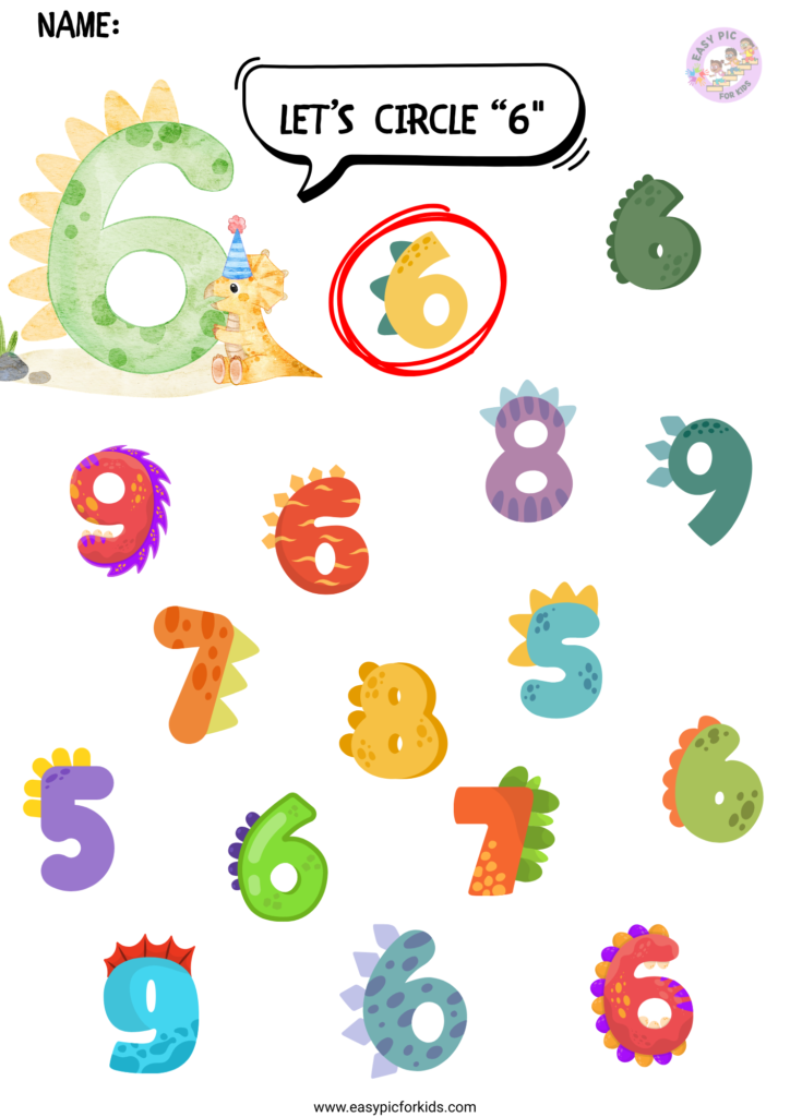 Dinosaur themed number 6 visual recognition worksheet for preschool kids find and circle activity