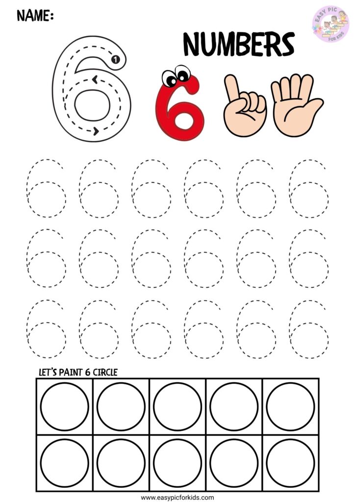 Number 6 tracing practice worksheet for preschoolers and toddlers