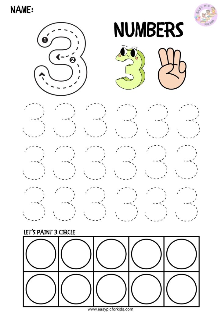 Number 3 tracing worksheet for toddlers and preschool math activities