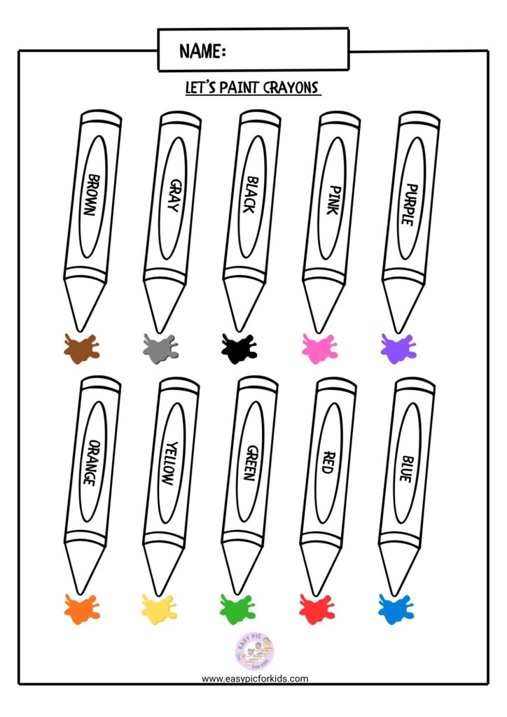 Identify and color the crayons activity for preschool kids featuring 10 different crayons with color names like brown, gray, black, pink, and more